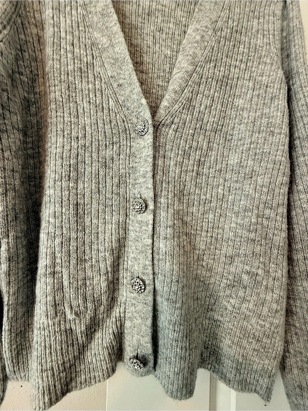 Talbots Soft Metallic Ribbed Rhinestone Button Cardigan Gray Large - Picture 5 of 7